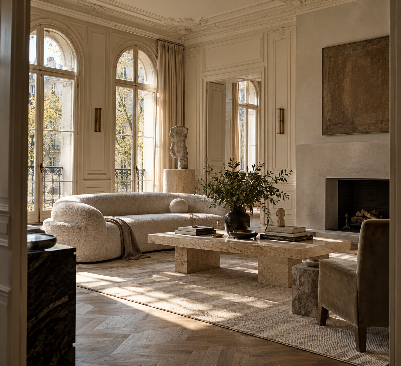 A light-filled interior combining classical architecture, antique sculpture and contemporary furniture.