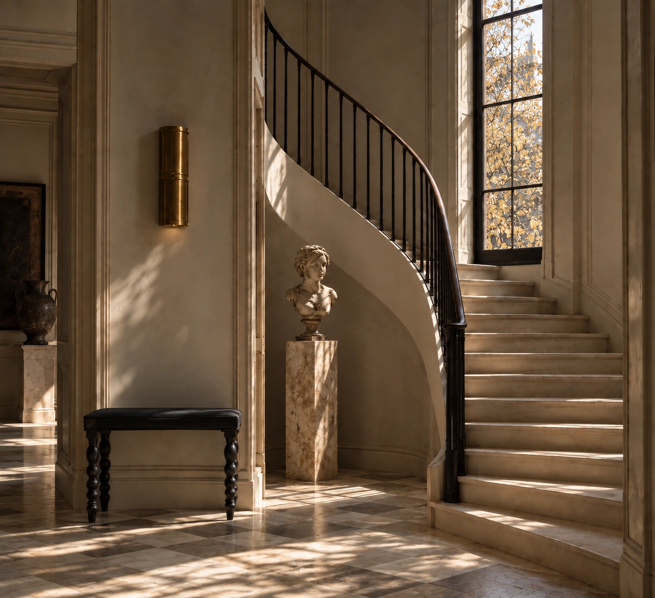 A sunlit stone staircase with an antique bust and dark upholstered bench.