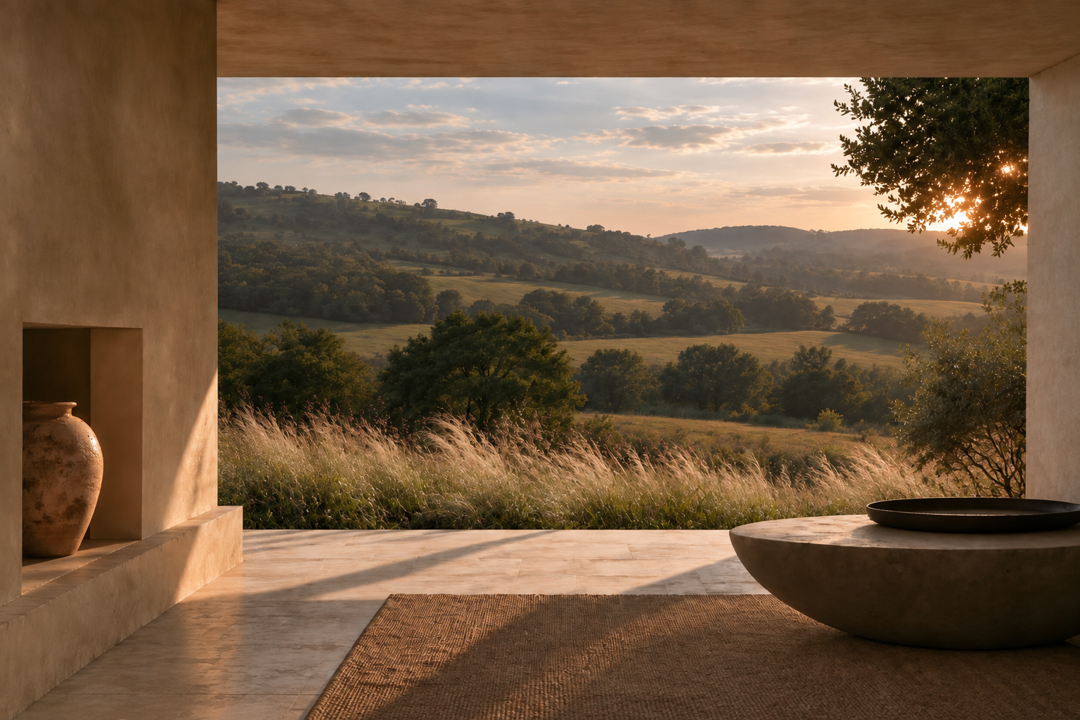 An open stone veranda overlooking rolling countryside in evening light.