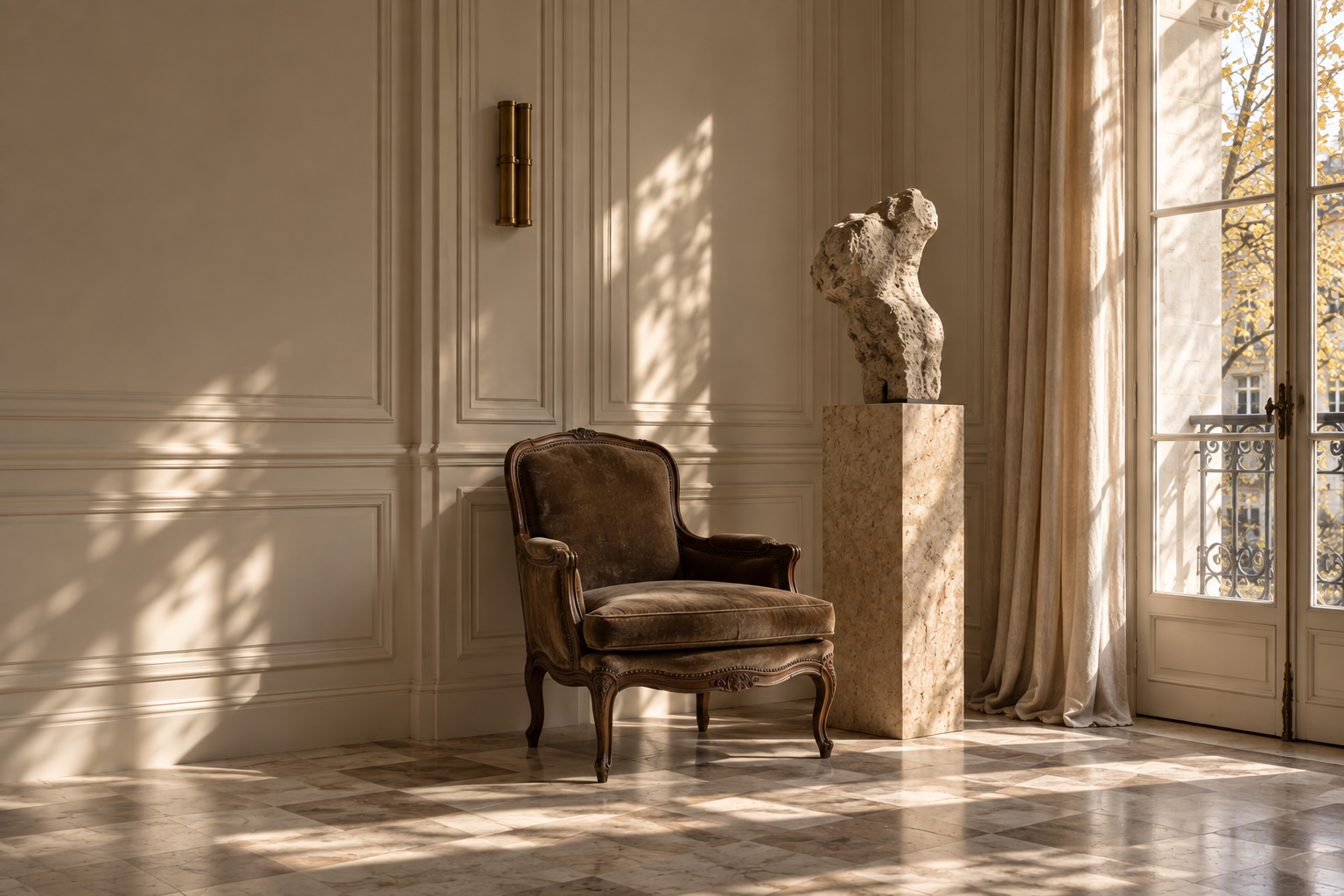 Chair and sculpture — wide